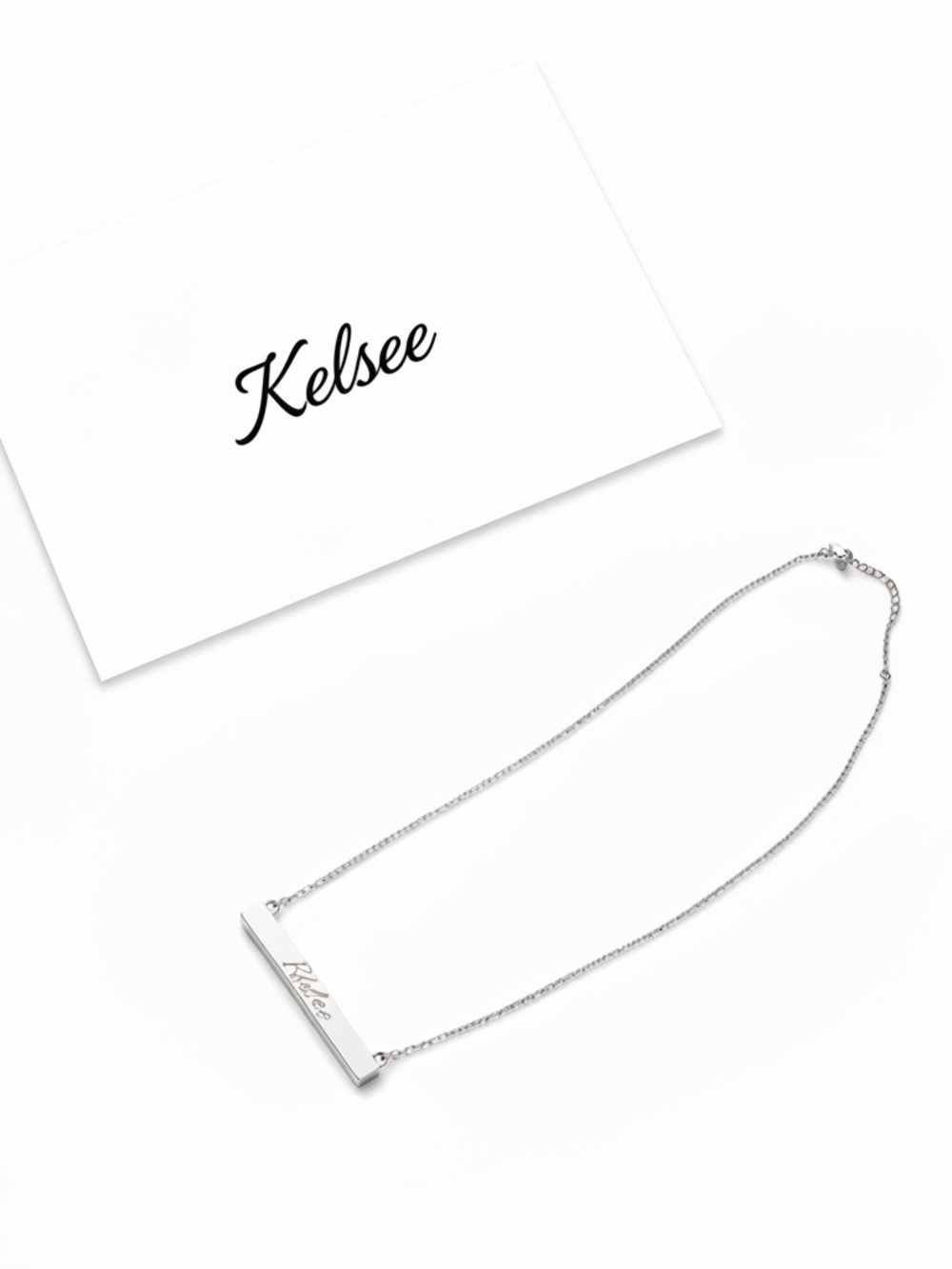 Sterling Silver 925 “Kelsee” Engraved Bar Necklace